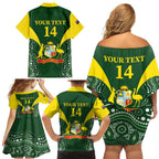Custom Australia Cricket Family Matching Off Shoulder Short Dress and Hawaiian Shirt 2024 World Cup Go Aussie - Green Version