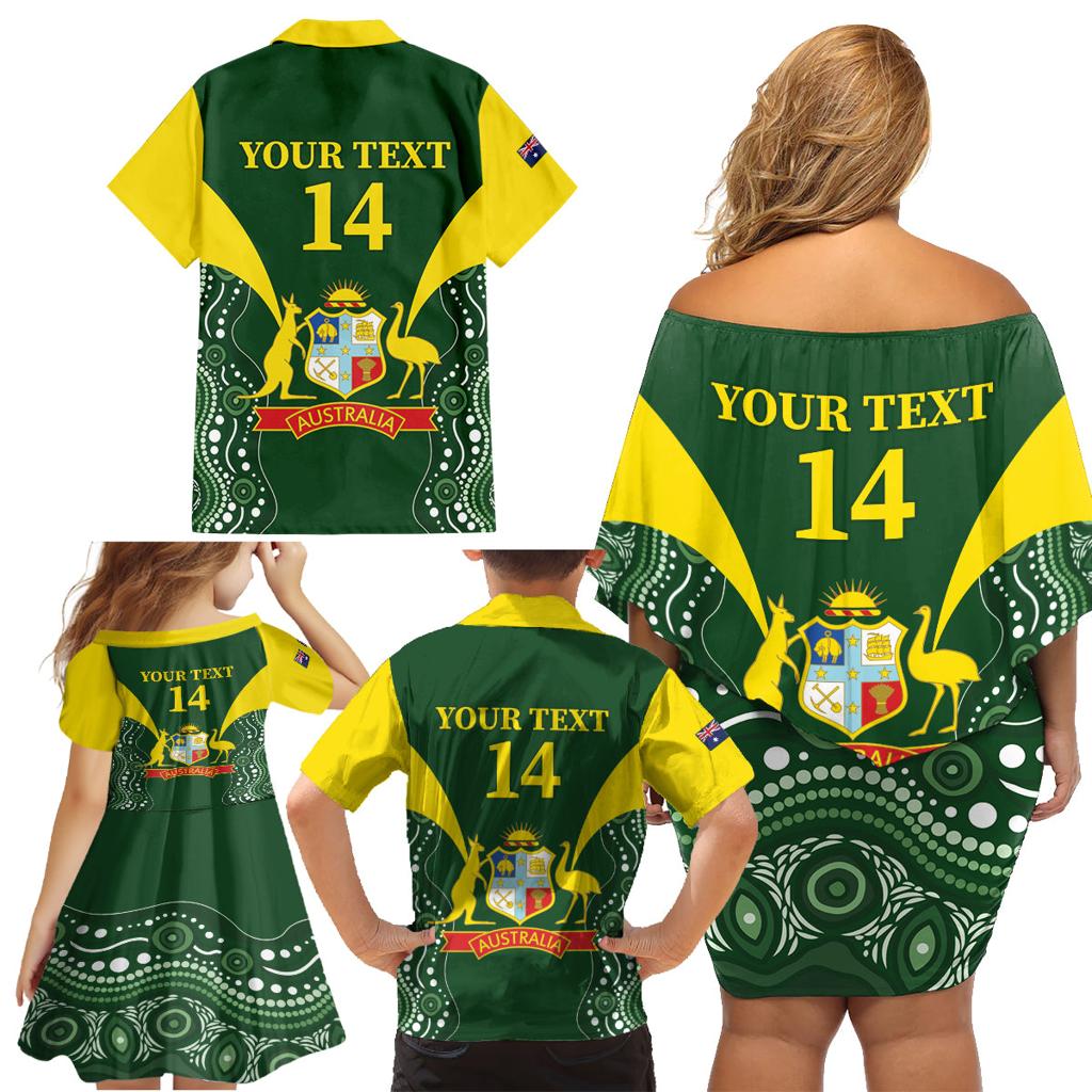 Custom Australia Cricket Family Matching Off Shoulder Short Dress and Hawaiian Shirt 2024 World Cup Go Aussie - Green Version