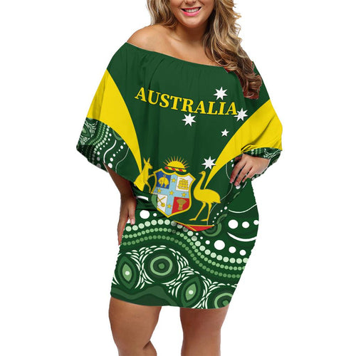 Custom Australia Cricket Family Matching Off Shoulder Short Dress and Hawaiian Shirt 2024 World Cup Go Aussie - Green Version