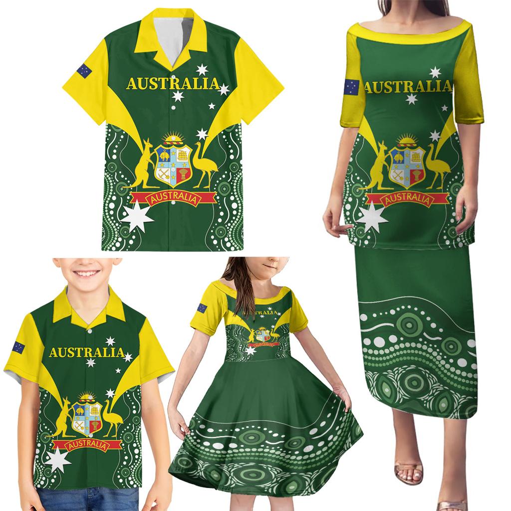 Custom Australia Cricket Family Matching Puletasi and Hawaiian Shirt 2024 World Cup Go Aussie - Green Version