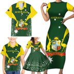 Custom Australia Cricket Family Matching Short Sleeve Bodycon Dress and Hawaiian Shirt 2024 World Cup Go Aussie - Green Version