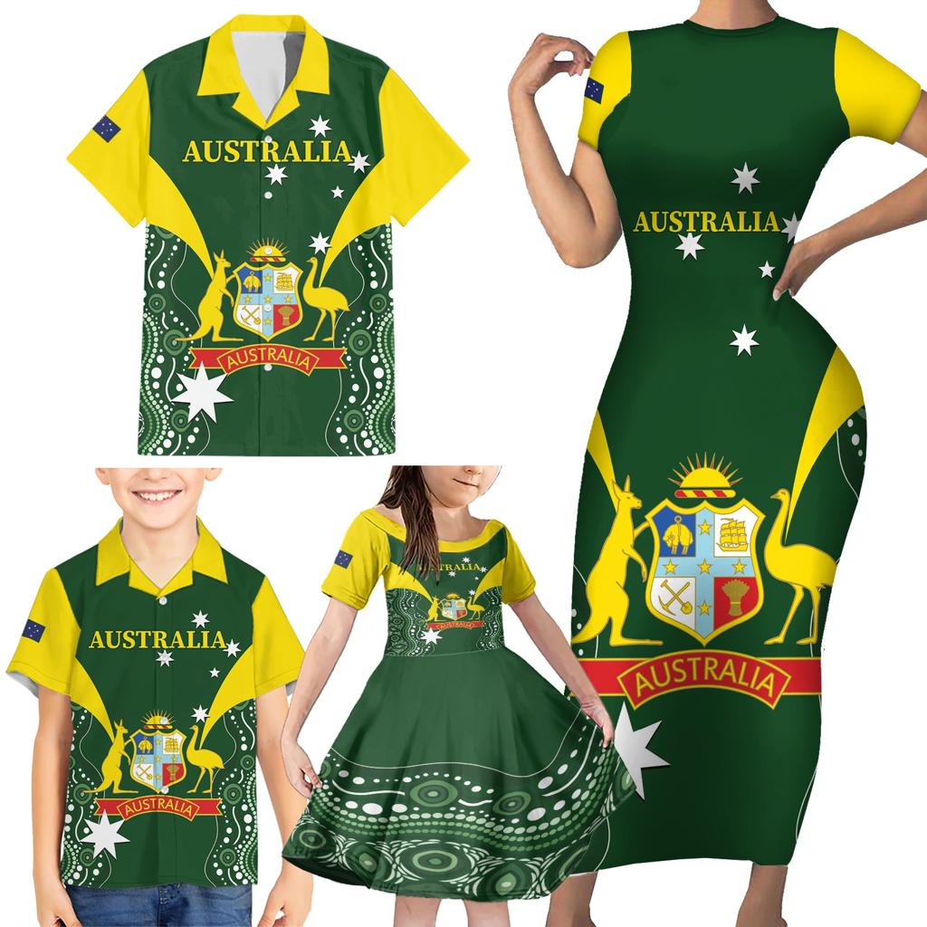 Custom Australia Cricket Family Matching Short Sleeve Bodycon Dress and Hawaiian Shirt 2024 World Cup Go Aussie - Green Version
