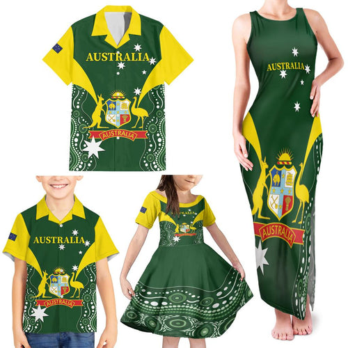 Custom Australia Cricket Family Matching Tank Maxi Dress and Hawaiian Shirt 2024 World Cup Go Aussie - Green Version