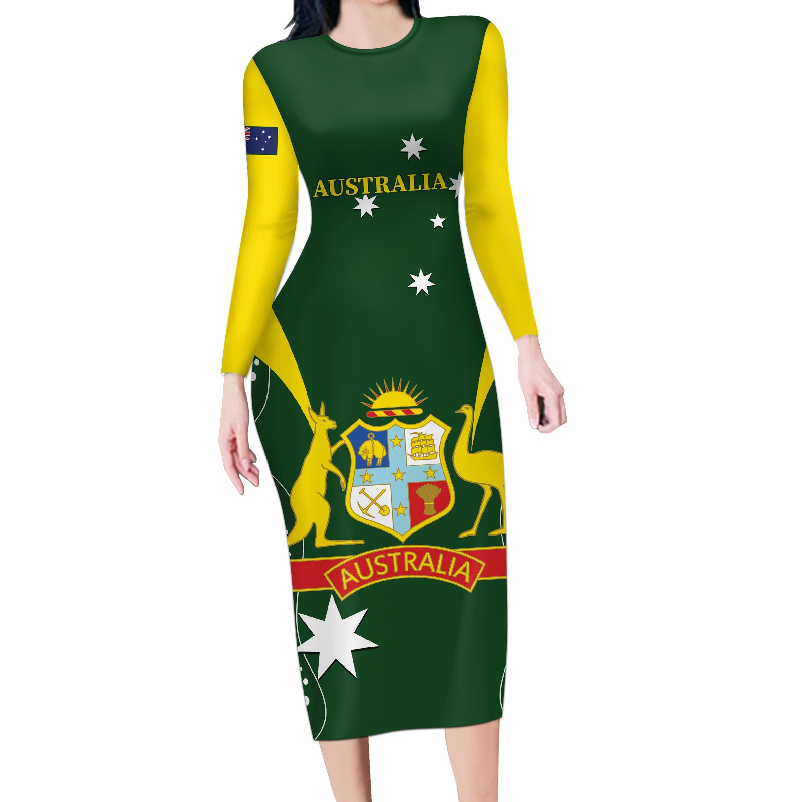 Custom Australia Cricket Long Sleeve Bodycon Dress 2024 World Cup Go Aussie - Green Version