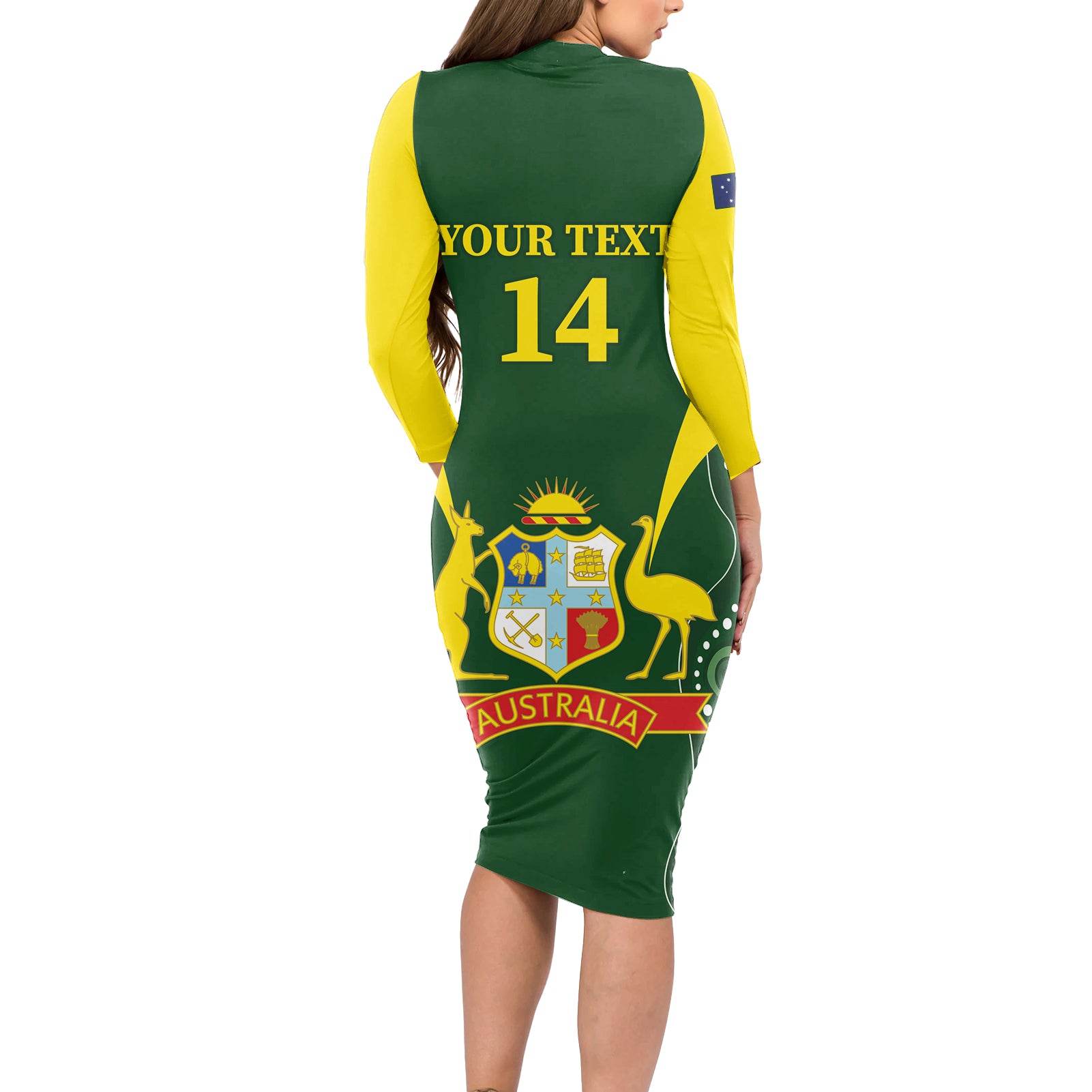 Custom Australia Cricket Long Sleeve Bodycon Dress 2024 World Cup Go Aussie - Green Version