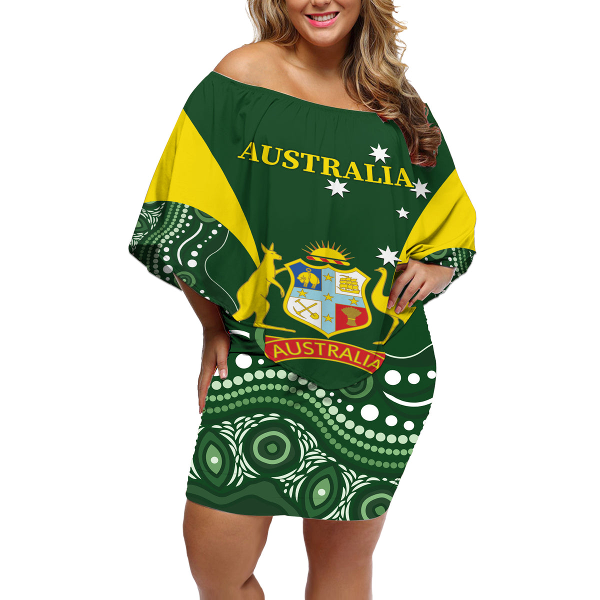 Custom Australia Cricket Off Shoulder Short Dress 2024 World Cup Go Aussie - Green Version