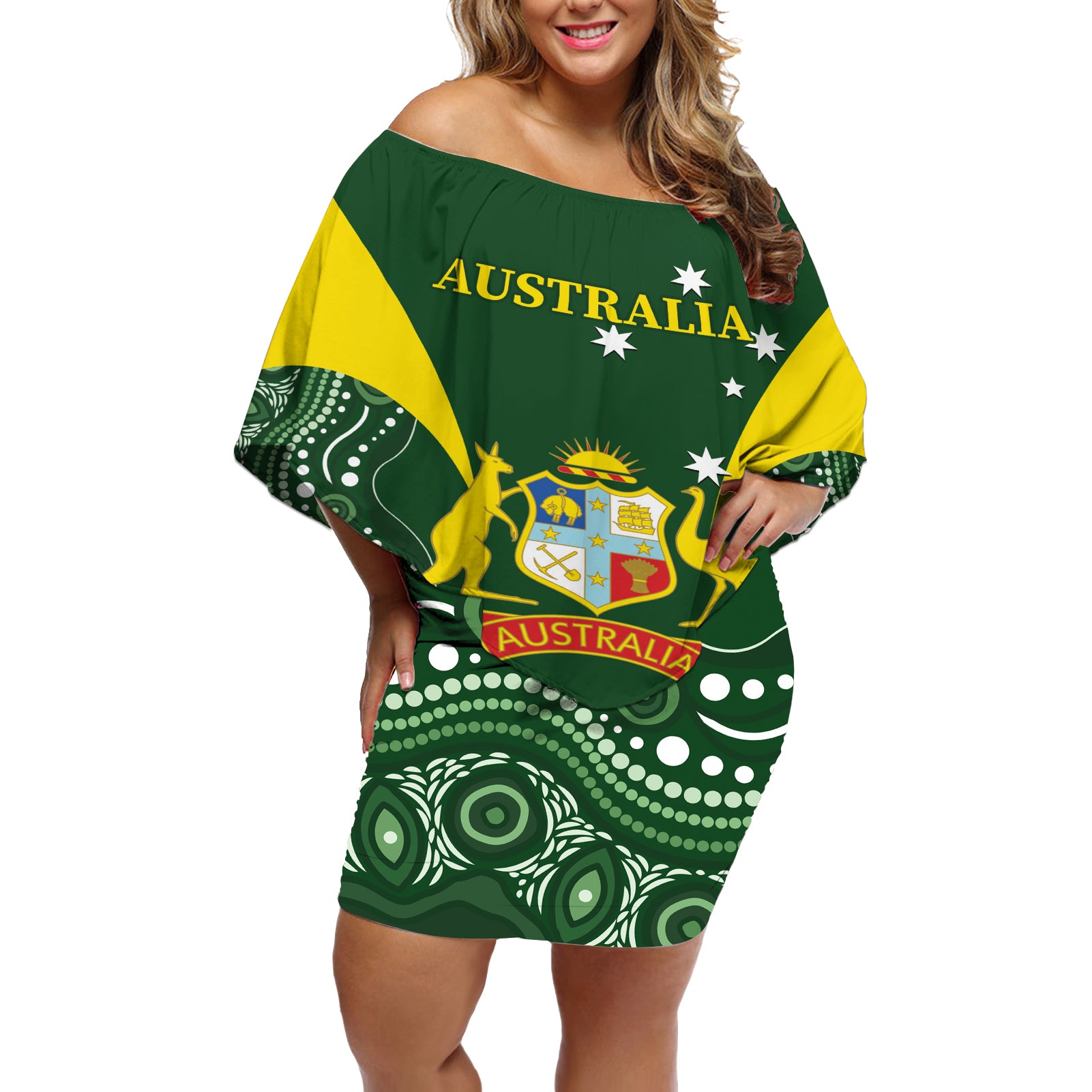 Custom Australia Cricket Off Shoulder Short Dress 2024 World Cup Go Aussie - Green Version