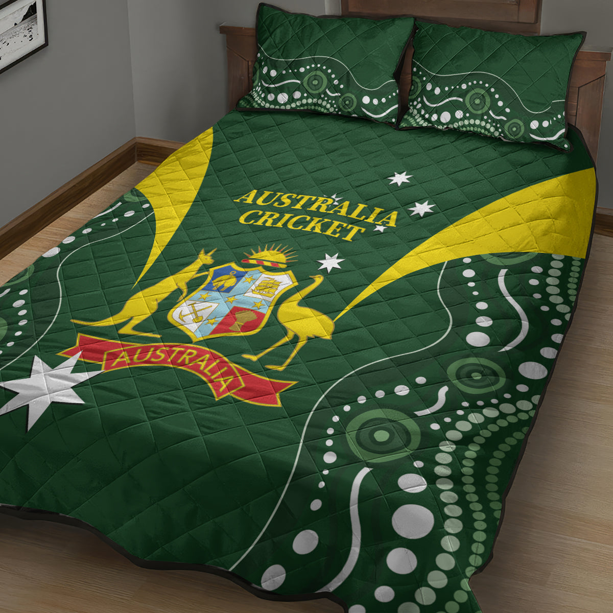 Australia Cricket Quilt Bed Set 2024 World Cup Go Aussie - Green Version