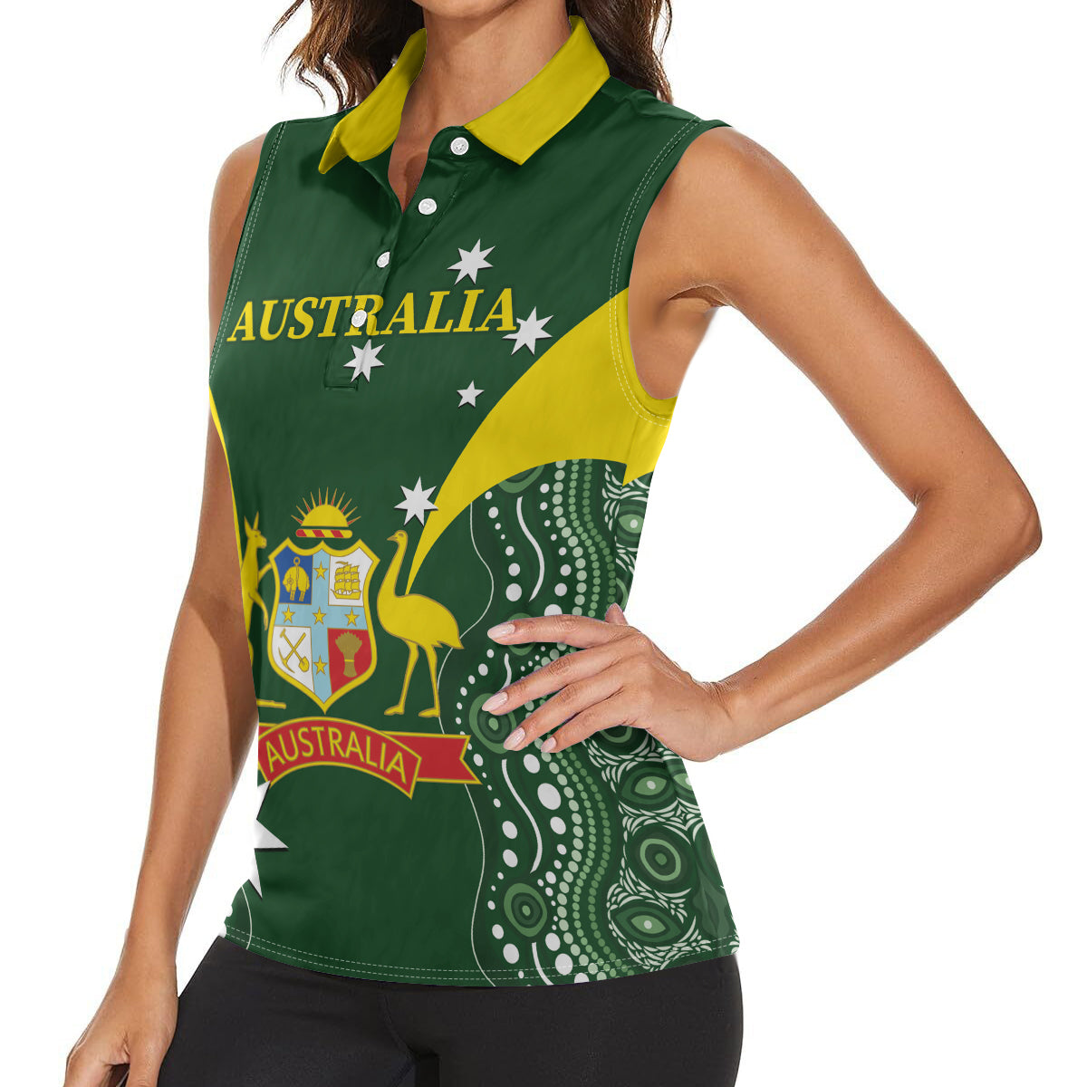 Custom Australia Cricket Women Sleeveless Polo Shirt 2024 World Cup Go Aussie - Green Version