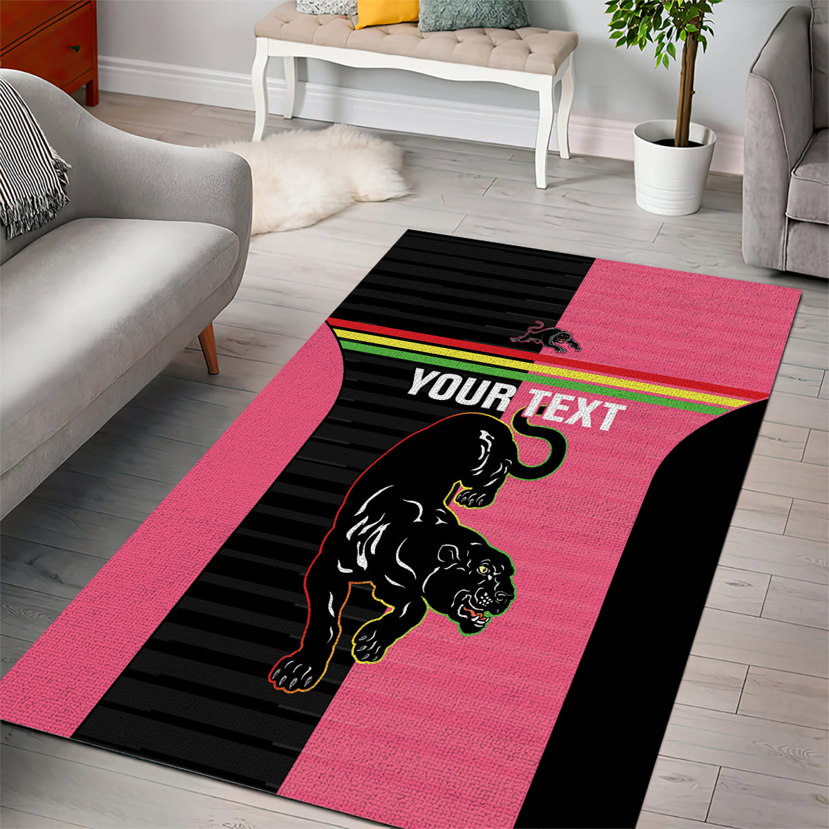 Custom Panthers Rugby Area Rug Black Pink Color Sporty Style