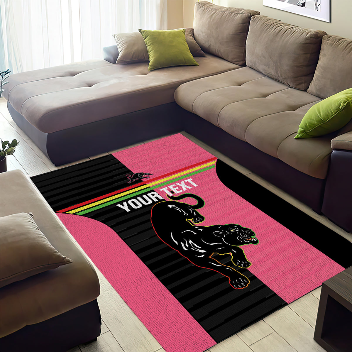 Custom Panthers Rugby Area Rug Black Pink Color Sporty Style