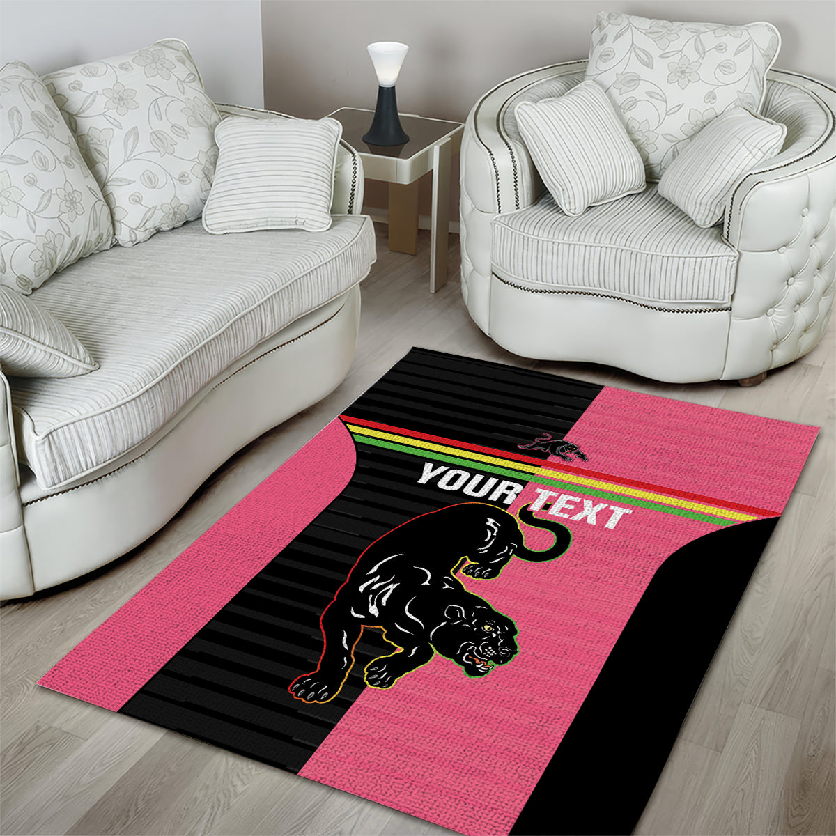 Custom Panthers Rugby Area Rug Black Pink Color Sporty Style