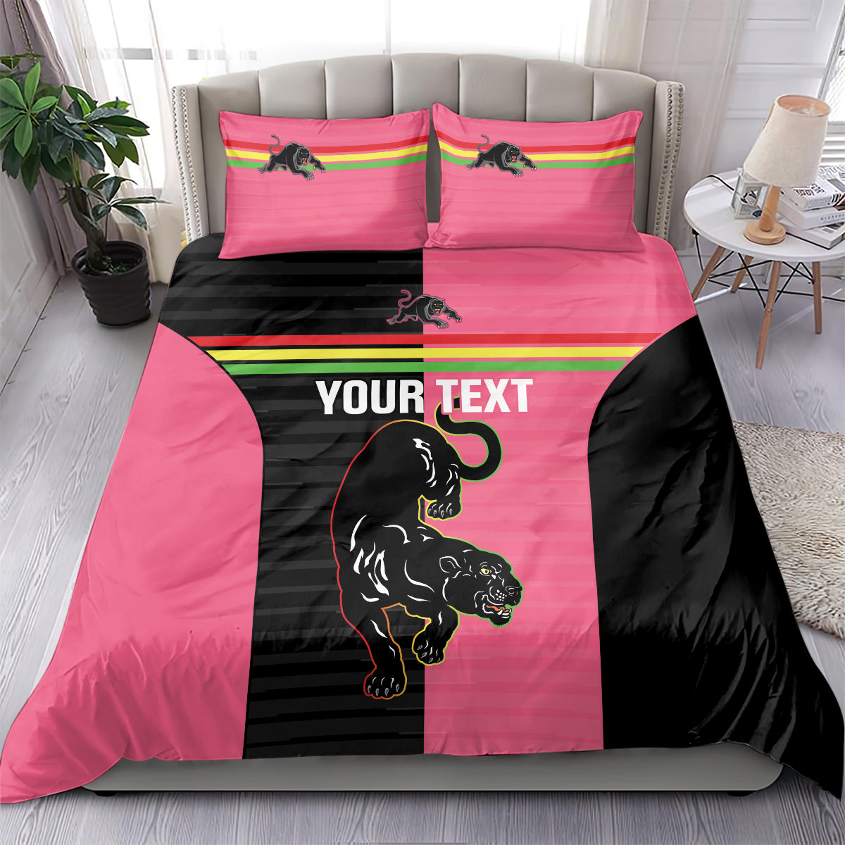 Custom Panthers Rugby Bedding Set Black Pink Color Sporty Style