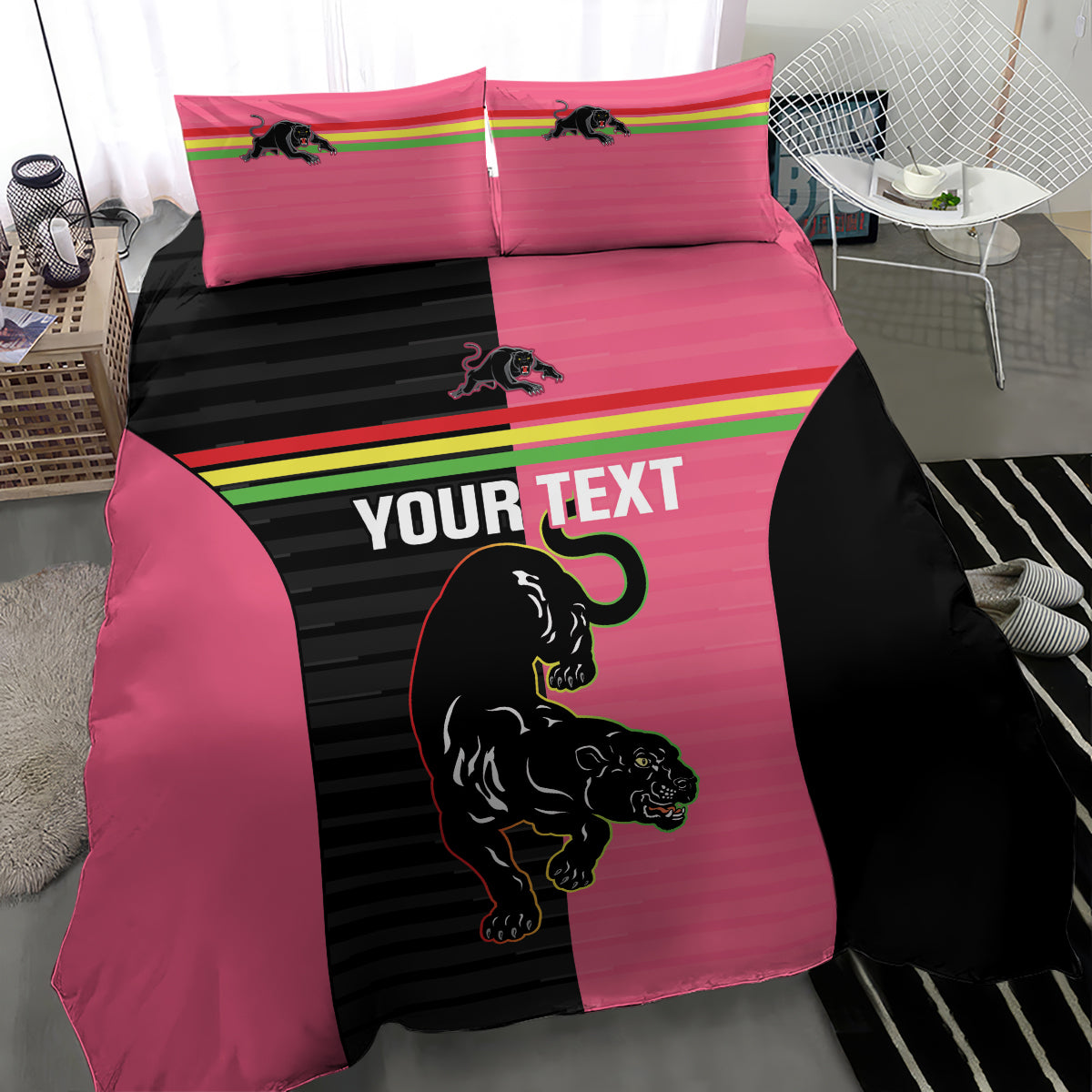 Custom Panthers Rugby Bedding Set Black Pink Color Sporty Style