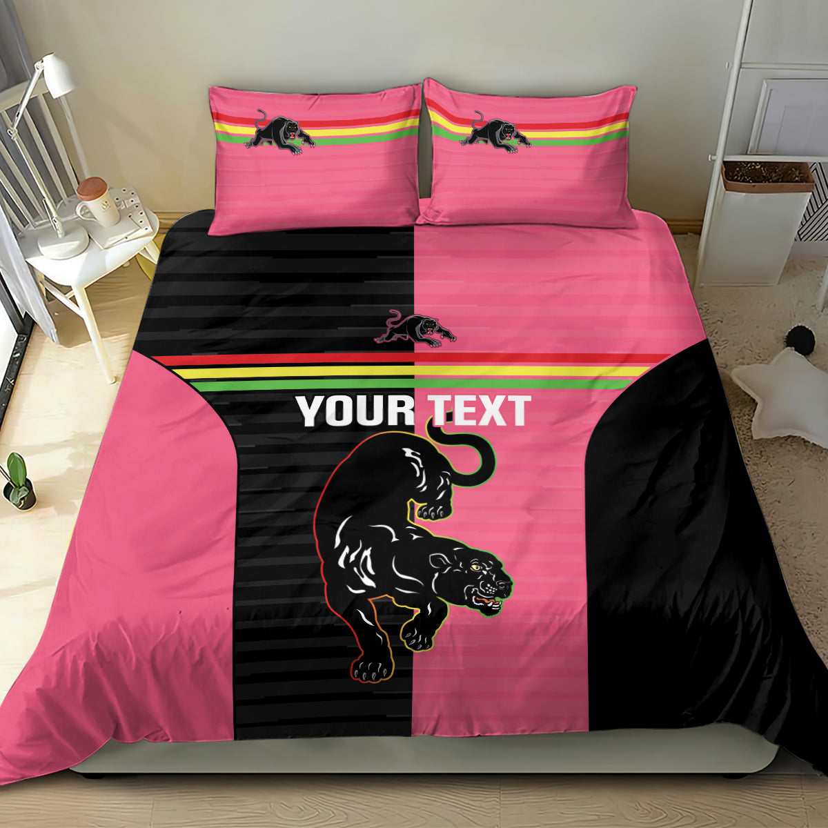 Custom Panthers Rugby Bedding Set Black Pink Color Sporty Style
