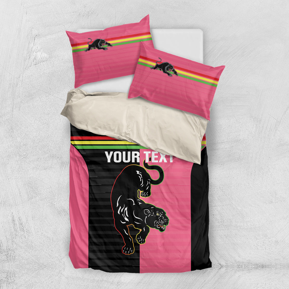 Custom Panthers Rugby Bedding Set Black Pink Color Sporty Style