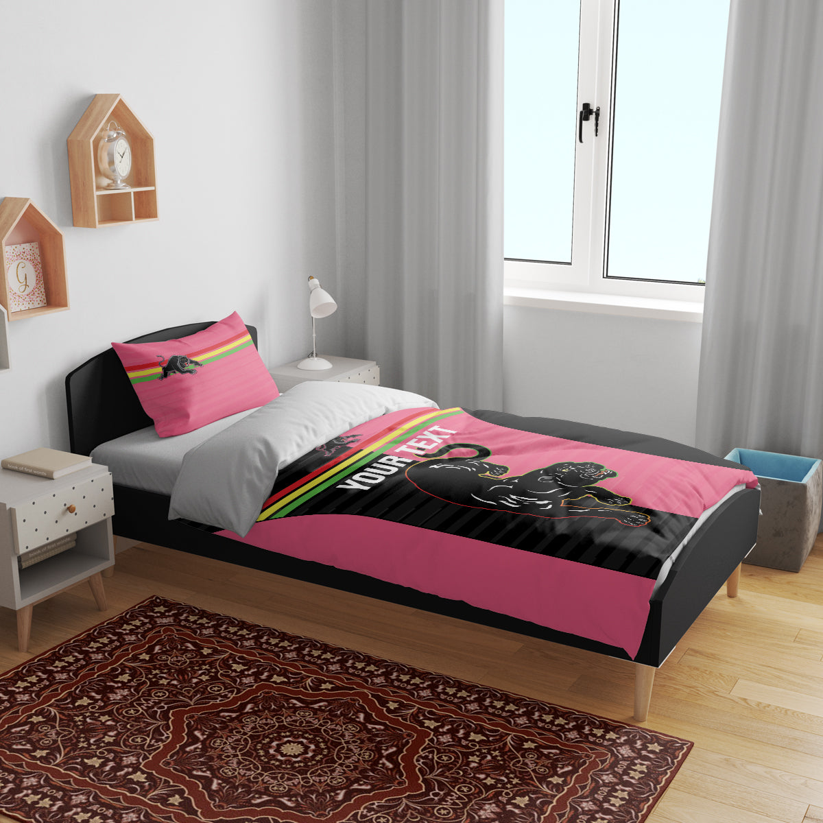 Custom Panthers Rugby Bedding Set Black Pink Color Sporty Style