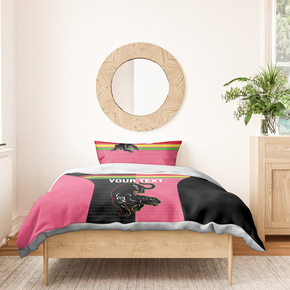 Custom Panthers Rugby Bedding Set Black Pink Color Sporty Style