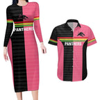 Custom Panthers Rugby Couples Matching Long Sleeve Bodycon Dress and Hawaiian Shirt Black Pink Color Sporty Style