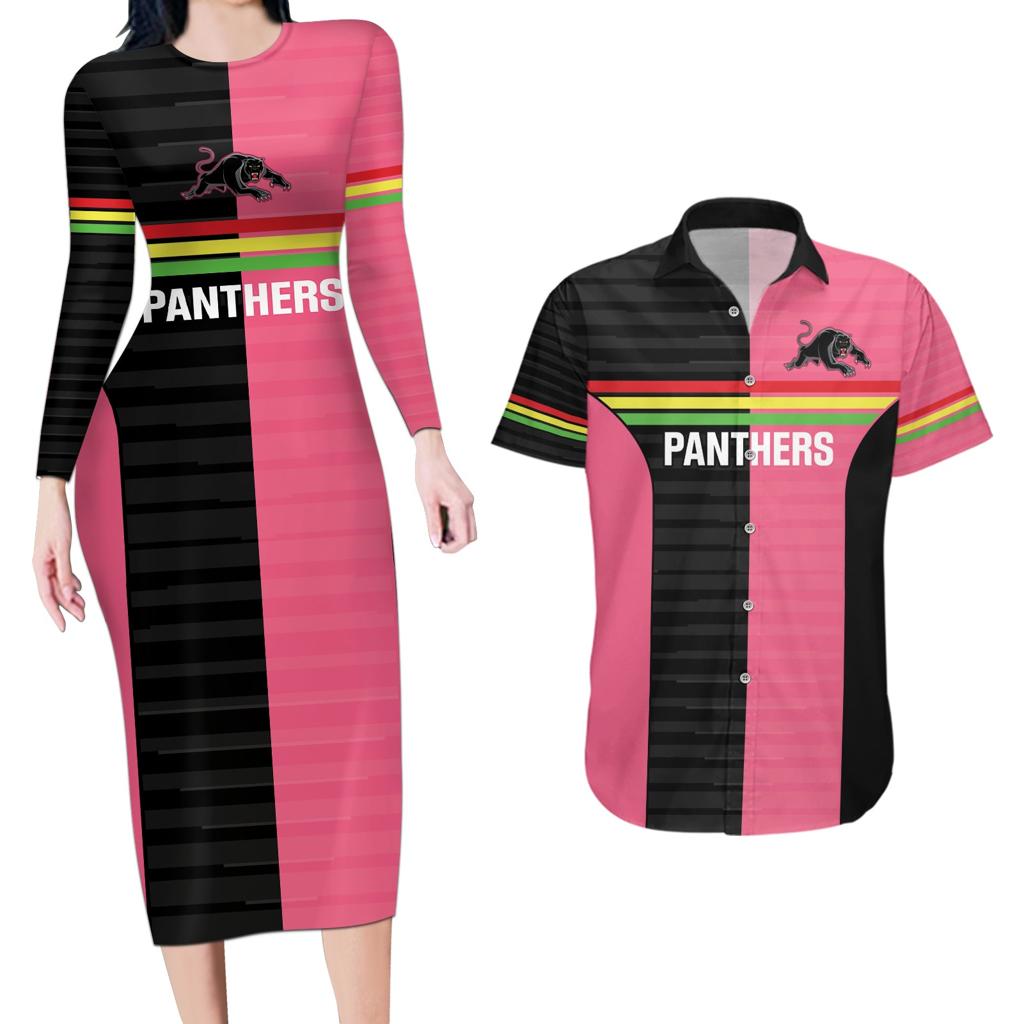 Custom Panthers Rugby Couples Matching Long Sleeve Bodycon Dress and Hawaiian Shirt Black Pink Color Sporty Style