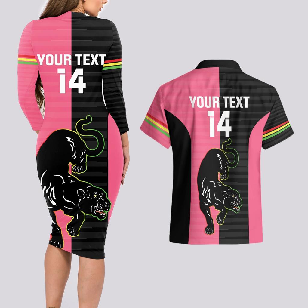 Custom Panthers Rugby Couples Matching Long Sleeve Bodycon Dress and Hawaiian Shirt Black Pink Color Sporty Style