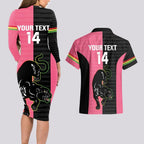 Custom Panthers Rugby Couples Matching Long Sleeve Bodycon Dress and Hawaiian Shirt Black Pink Color Sporty Style