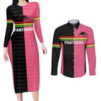 Custom Panthers Rugby Couples Matching Long Sleeve Bodycon Dress and Long Sleeve Button Shirt Black Pink Color Sporty Style