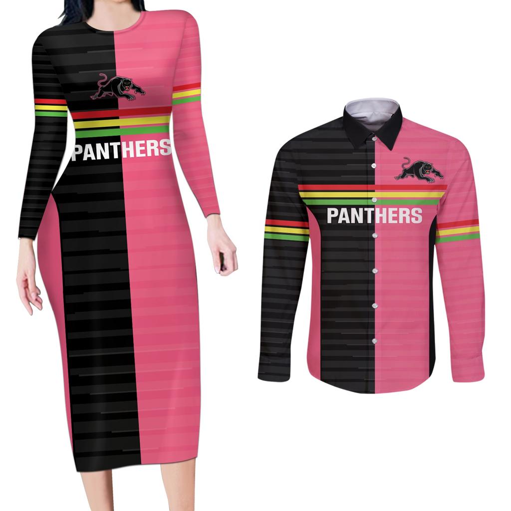 Custom Panthers Rugby Couples Matching Long Sleeve Bodycon Dress and Long Sleeve Button Shirt Black Pink Color Sporty Style