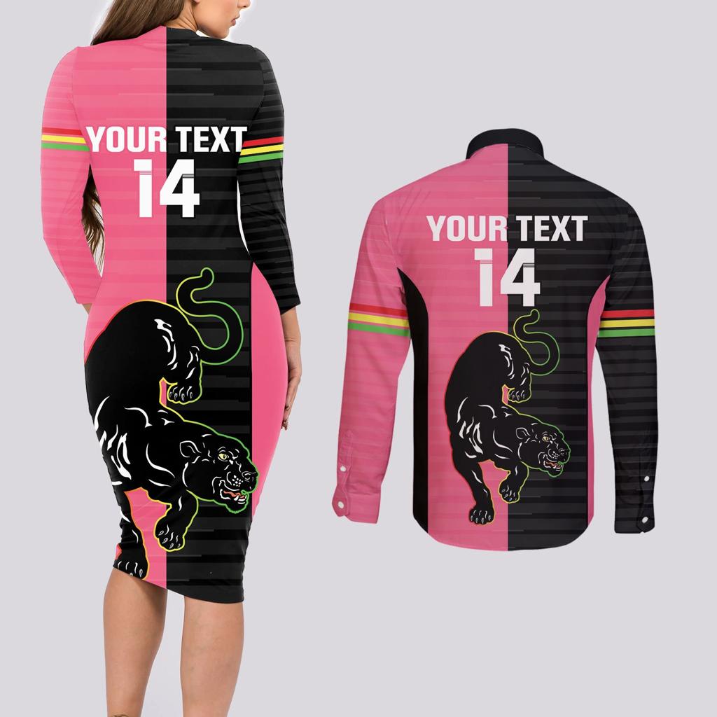 Custom Panthers Rugby Couples Matching Long Sleeve Bodycon Dress and Long Sleeve Button Shirt Black Pink Color Sporty Style