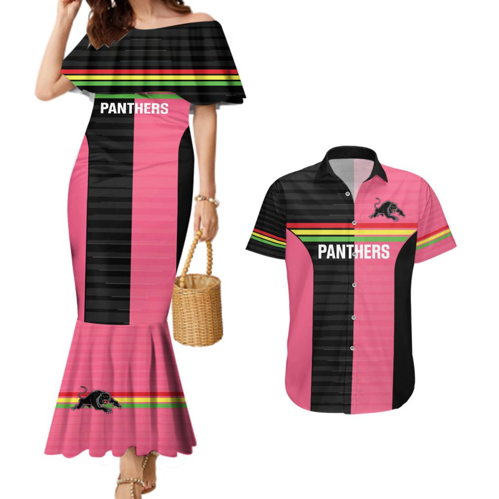 Custom Panthers Rugby Couples Matching Mermaid Dress and Hawaiian Shirt Black Pink Color Sporty Style