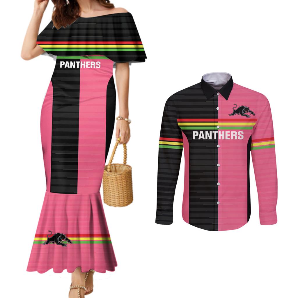 Custom Panthers Rugby Couples Matching Mermaid Dress and Long Sleeve Button Shirt Black Pink Color Sporty Style
