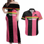Custom Panthers Rugby Couples Matching Off Shoulder Maxi Dress and Hawaiian Shirt Black Pink Color Sporty Style