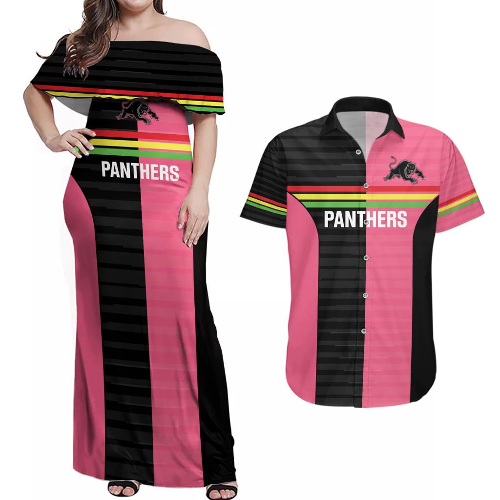 Custom Panthers Rugby Couples Matching Off Shoulder Maxi Dress and Hawaiian Shirt Black Pink Color Sporty Style