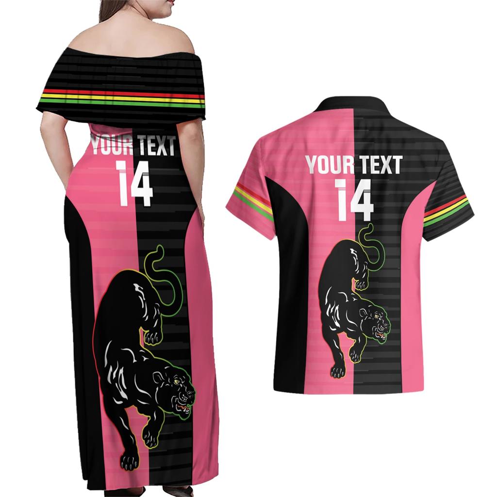 Custom Panthers Rugby Couples Matching Off Shoulder Maxi Dress and Hawaiian Shirt Black Pink Color Sporty Style