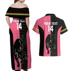 Custom Panthers Rugby Couples Matching Off Shoulder Maxi Dress and Hawaiian Shirt Black Pink Color Sporty Style