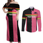 Custom Panthers Rugby Couples Matching Off Shoulder Maxi Dress and Long Sleeve Button Shirt Black Pink Color Sporty Style