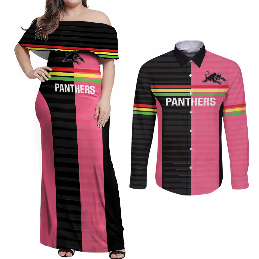 Custom Panthers Rugby Couples Matching Off Shoulder Maxi Dress and Long Sleeve Button Shirt Black Pink Color Sporty Style