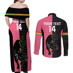 Custom Panthers Rugby Couples Matching Off Shoulder Maxi Dress and Long Sleeve Button Shirt Black Pink Color Sporty Style