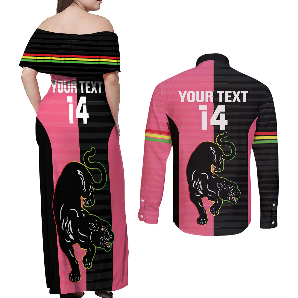 Custom Panthers Rugby Couples Matching Off Shoulder Maxi Dress and Long Sleeve Button Shirt Black Pink Color Sporty Style