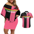 Custom Panthers Rugby Couples Matching Off Shoulder Short Dress and Hawaiian Shirt Black Pink Color Sporty Style