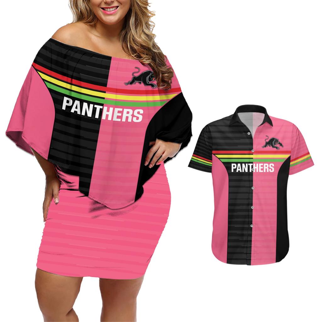 Custom Panthers Rugby Couples Matching Off Shoulder Short Dress and Hawaiian Shirt Black Pink Color Sporty Style