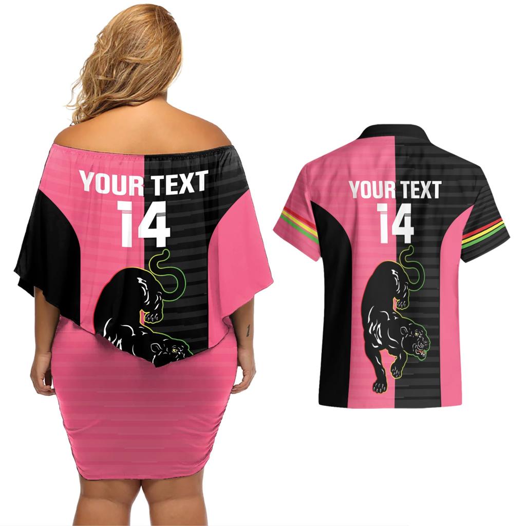 Custom Panthers Rugby Couples Matching Off Shoulder Short Dress and Hawaiian Shirt Black Pink Color Sporty Style