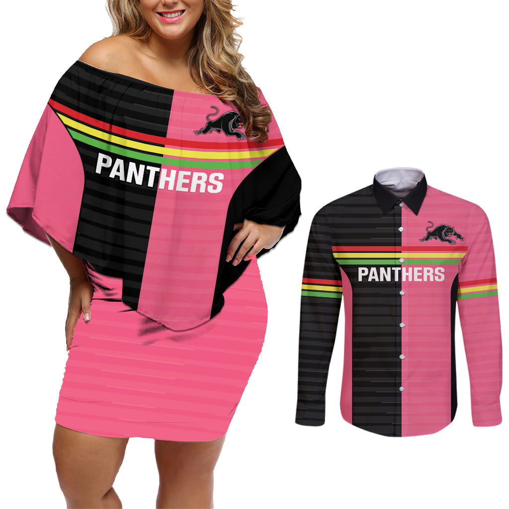 Custom Panthers Rugby Couples Matching Off Shoulder Short Dress and Long Sleeve Button Shirt Black Pink Color Sporty Style