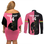 Custom Panthers Rugby Couples Matching Off Shoulder Short Dress and Long Sleeve Button Shirt Black Pink Color Sporty Style