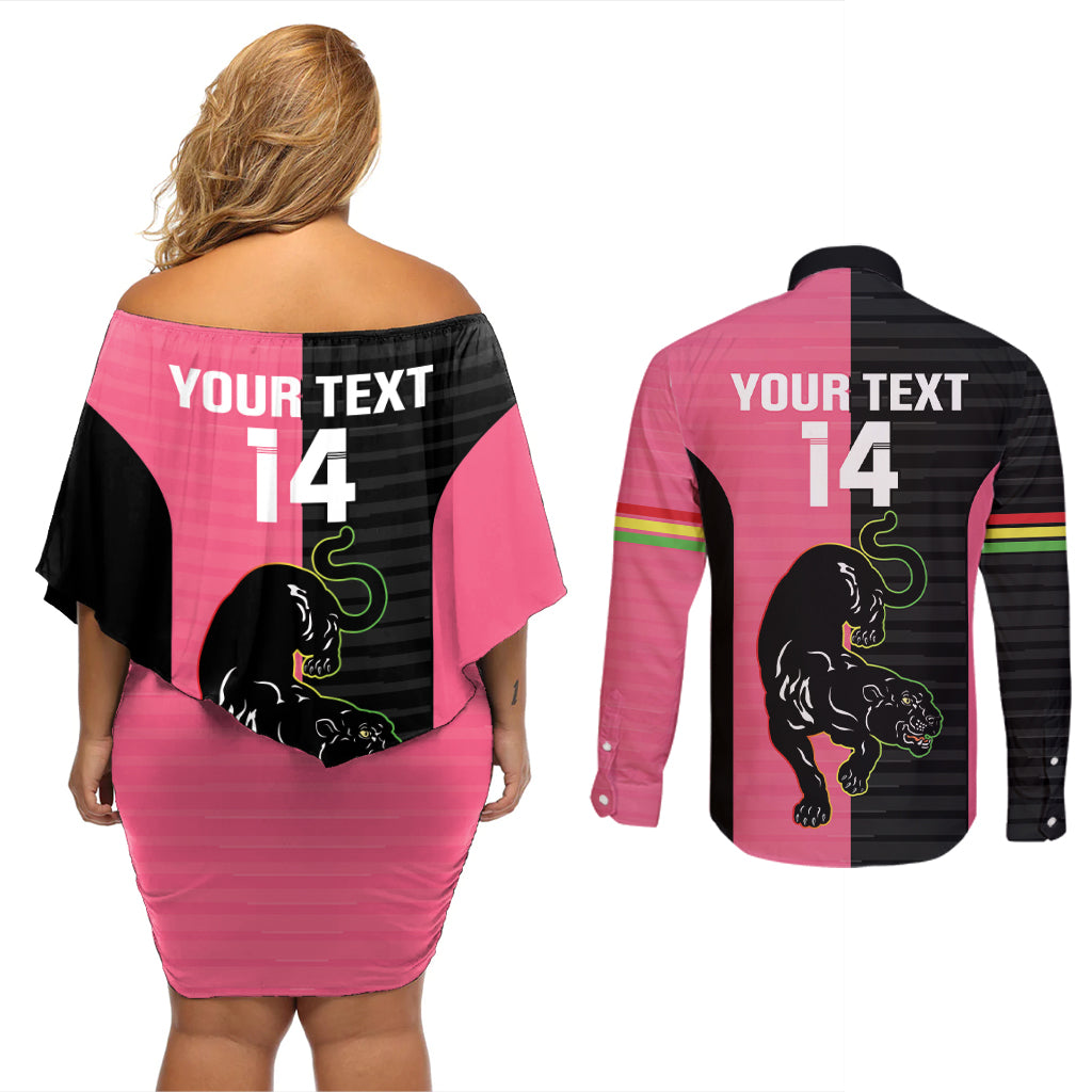 Custom Panthers Rugby Couples Matching Off Shoulder Short Dress and Long Sleeve Button Shirt Black Pink Color Sporty Style