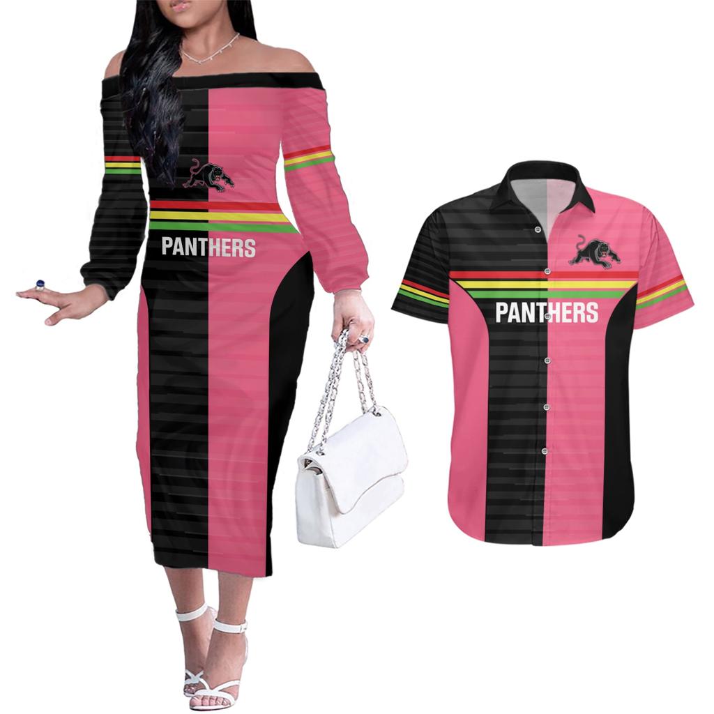 Custom Panthers Rugby Couples Matching Off The Shoulder Long Sleeve Dress and Hawaiian Shirt Black Pink Color Sporty Style