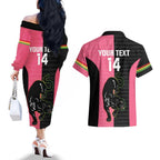 Custom Panthers Rugby Couples Matching Off The Shoulder Long Sleeve Dress and Hawaiian Shirt Black Pink Color Sporty Style