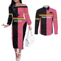 Custom Panthers Rugby Couples Matching Off The Shoulder Long Sleeve Dress and Long Sleeve Button Shirt Black Pink Color Sporty Style