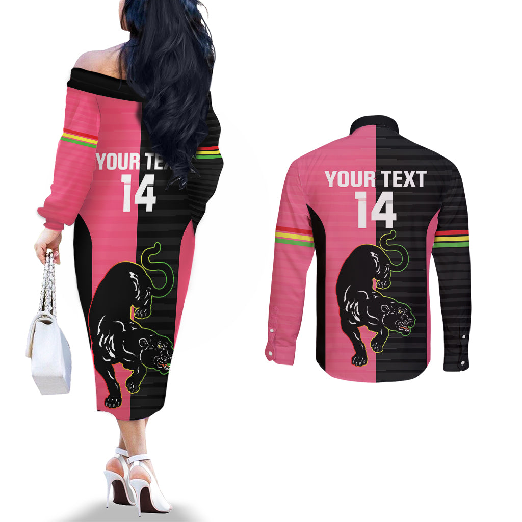 Custom Panthers Rugby Couples Matching Off The Shoulder Long Sleeve Dress and Long Sleeve Button Shirt Black Pink Color Sporty Style