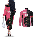 Custom Panthers Rugby Couples Matching Off The Shoulder Long Sleeve Dress and Long Sleeve Button Shirt Black Pink Color Sporty Style